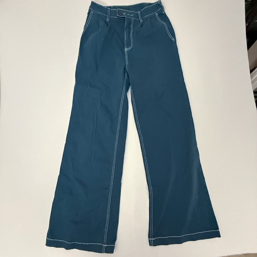 MONROW Wide Leg Cotton Twill Trouser Pants Dark Navy Blue Contrast Stitch Size S